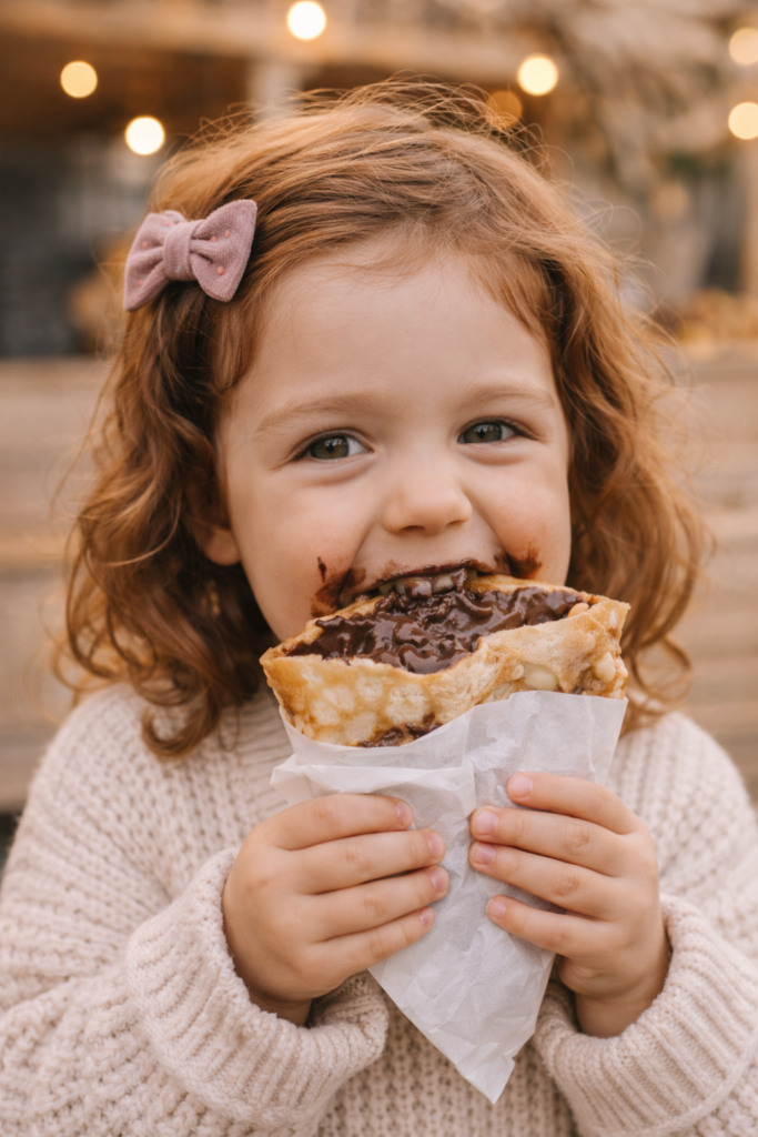 Kleines Kind isst Crepe am Crepe-Stand vom Kids Loft