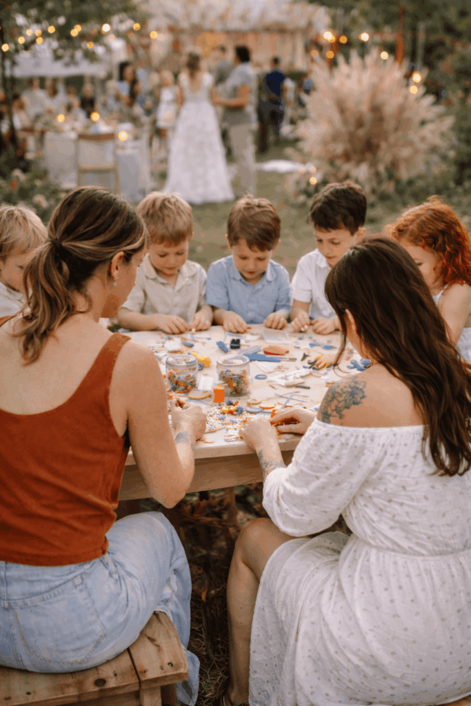 Kinder basteln auf einer Hochzeit gemeinsam mit den Betreuerinnen vom KidsLoft in Siegen